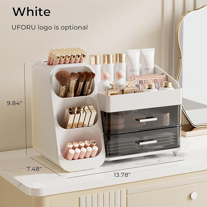 Makeup Organizer for Vanity with Brush Holder, Large Capacity Bathroom Countertop Skincare Organizer with 2 Drawers, Cosmetic Display Case for Perfumes, Eyeshadow Palettes, Nail Polishes
