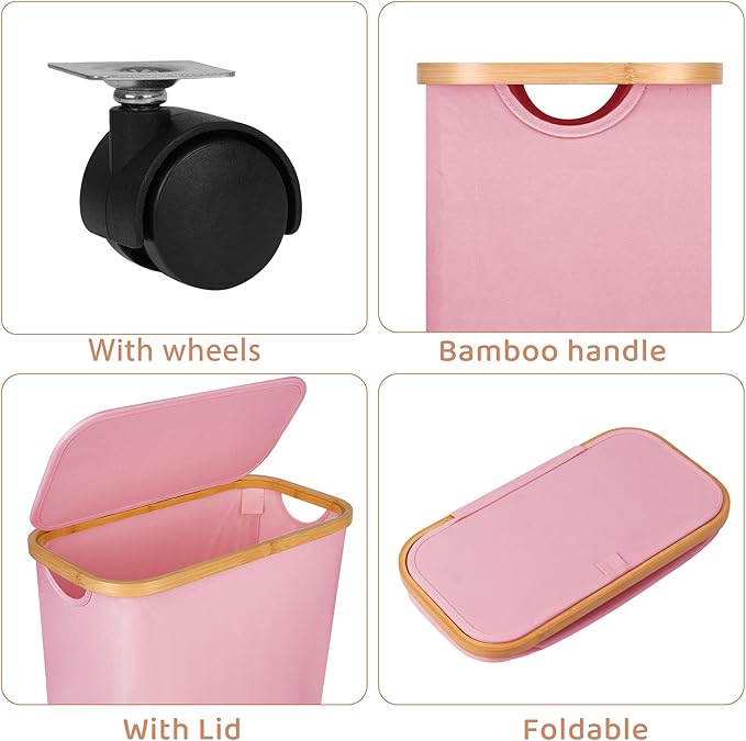 Slim Laundry Basket with Wheels,Narrow Hampers for Laundry,Freestanding Laundry Hamper with Lid&Bamboo Handles,Collapsible & Waterproof Tall Cloth Hamper for Dorm Family(60L Pink)