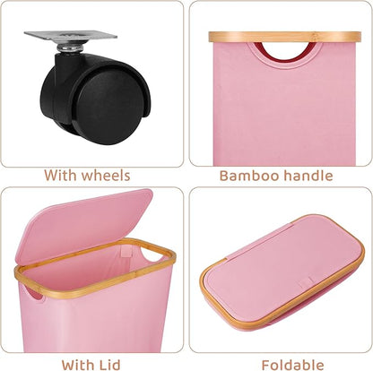 Slim Laundry Basket with Wheels,Narrow Hampers for Laundry,Freestanding Laundry Hamper with Lid&Bamboo Handles,Collapsible & Waterproof Tall Cloth Hamper for Dorm Family(60L Pink)