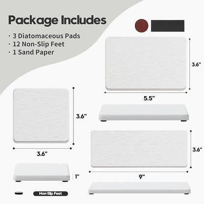 Razborci 3PCS Bathroom Sink Vanity Trays, Quick Stone Drying Mat Dish Soap Dispenser Sponge Holder for Kitchen Counter, Diatomaceous Earth Water Absorbing Caddy Organizer, White
