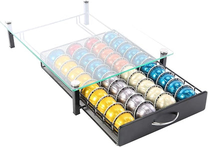 FlagShip for Nespresso Pod Holder Drawer Coffee Pod Organizer for Nespresso Capsule Holder Crystal Tempered Glass Storage Tray (40 Vertuo Pods Capacity)