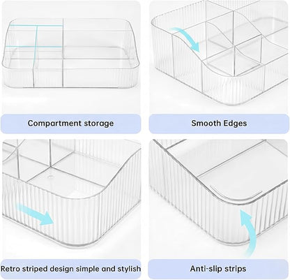 DASITON Large Capacity Makeup Brush Holder, 7 Slot Makeup Brush Cup, Vintage Striped Make Up Brush Holder, Makeup Tray Organizer for Vanity Decor, Bathroom Countertops, Desk Storage Container (Clear)