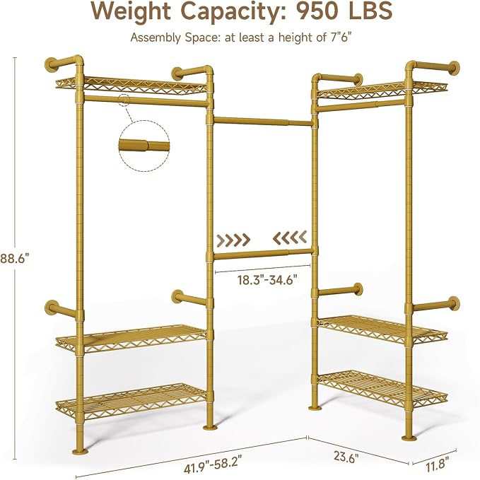 Wall Mounted Garment Rack, Walk-in Closet System with Expandable Rods, Adjustable Shelves, Industrial Pipe Clothing Racks, Hanging Clothes Organizers and Storage, Metal Closet Shelving Wardrobe