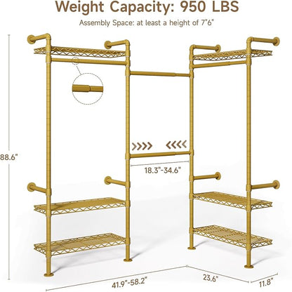 Wall Mounted Garment Rack, Walk-in Closet System with Expandable Rods, Adjustable Shelves, Industrial Pipe Clothing Racks, Hanging Clothes Organizers and Storage, Metal Closet Shelving Wardrobe