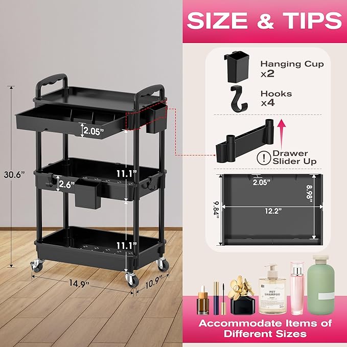 Goovilla Rolling Makeup Organizer Cart with Removable Drawer, 3 Tier Stable Black Floor Skincare Storage Cart for Vanity, Cosmetic Display, Nail Polish, Perfume, Hair Stuff, Beauty, Bathroom(Plastic)