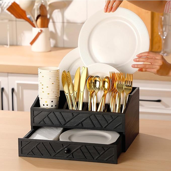 Marsui Paper Plate Dispenser, Wood Rustic Paper Plate Holder for Countertop with Drawer Silverware Utensil Caddy, Cutlery Flatware Organizer for Spoon Fork Napkins Kitchen Parties(Black)