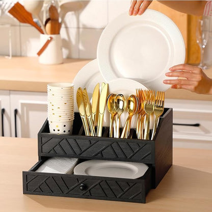 Marsui Paper Plate Dispenser, Wood Rustic Paper Plate Holder for Countertop with Drawer Silverware Utensil Caddy, Cutlery Flatware Organizer for Spoon Fork Napkins Kitchen Parties(Black)