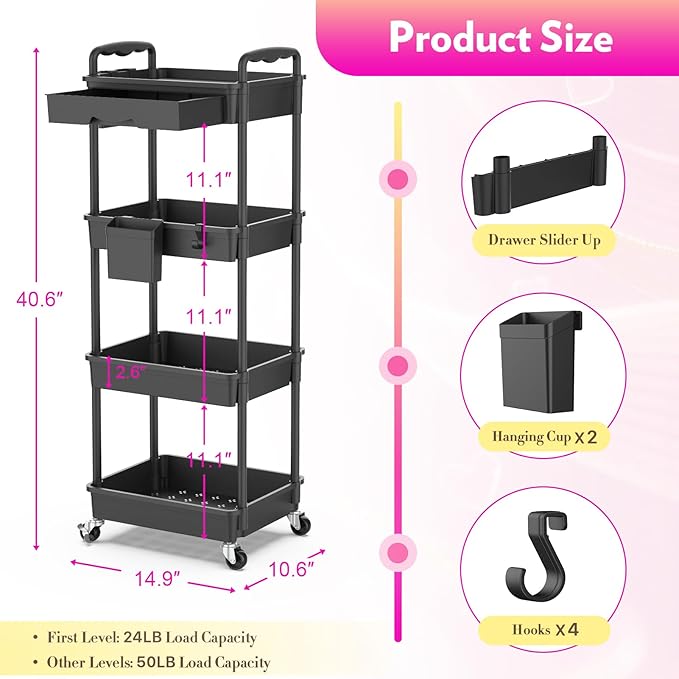 SUNALLY Makeup Cart Organizer with Drawers, 4 Tier Floor Skincare Organizers for Vanity, Rolling Makeup Bathroom Storage Cart Cosmetics Display Cases for Skin Care Perfume Nail Polish, Black