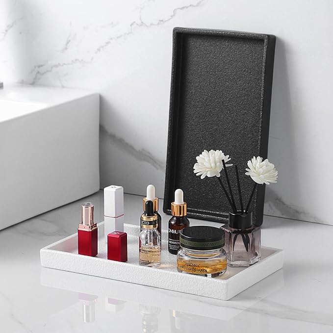 Bathroom Vanity Tray - 11'' Ceramic Rough-Textured Rectangle Countertop Tray, Heavy-Duty Perfume Organizer Plate, Jewelry Ring Tray, Kitchen Soap Dispenser Stone Trays, White