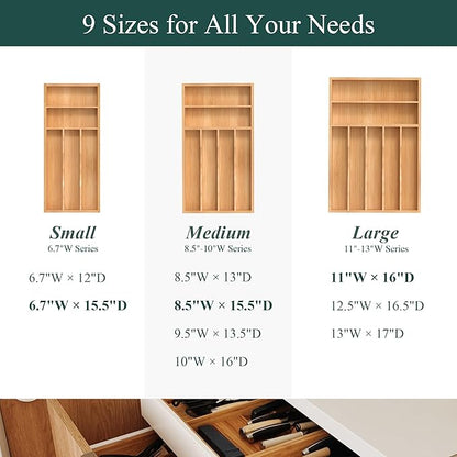 Silverware Organizer, Bamboo Kitchen Drawer Organizer, Utensil Holder, Cutlery Tray & Spoon Flatware Storage with Grooved Drawer Dividers (8.5''W x 15.5''D)