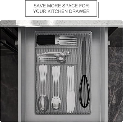 TQVAI Silverware Organizer - 6 Slots Non-Slip Mesh Kitchen Drawer Organizer - Metal Compact Utensil Cutlery Holder in Drawer Tray, Silver