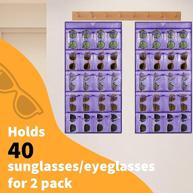 2 Pcs Sunglasses Organizer Storage Sunglass Holder for Wall Hanging Eyeglass Organizer for Multiple Glasses with 40 Clear Slots (PURPLE)