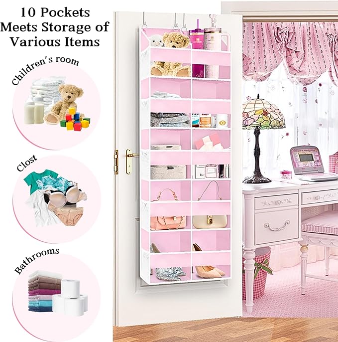 Ofiray-home Pink Over The Door Organizer 5 Tiers, Extra Large Behind Door Storage of 10 Compartments, 50 lbs Weight Capacity Over The Door Storage for Closet, Diaper Organizer