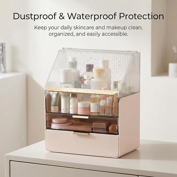 Large Cosmetic Organizer Skincare Holder Bathroom Counter Organizer Fully Transparent Storage Box Dustproof Waterproof Cosmetics Display Case with Drawers for Skincare Lipstick Brushes (Pink)
