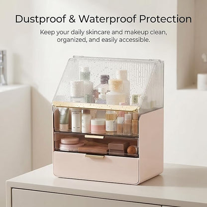 Large Cosmetic Organizer Skincare Holder Bathroom Counter Organizer Fully Transparent Storage Box Dustproof Waterproof Cosmetics Display Case with Drawers for Skincare Lipstick Brushes (Pink)