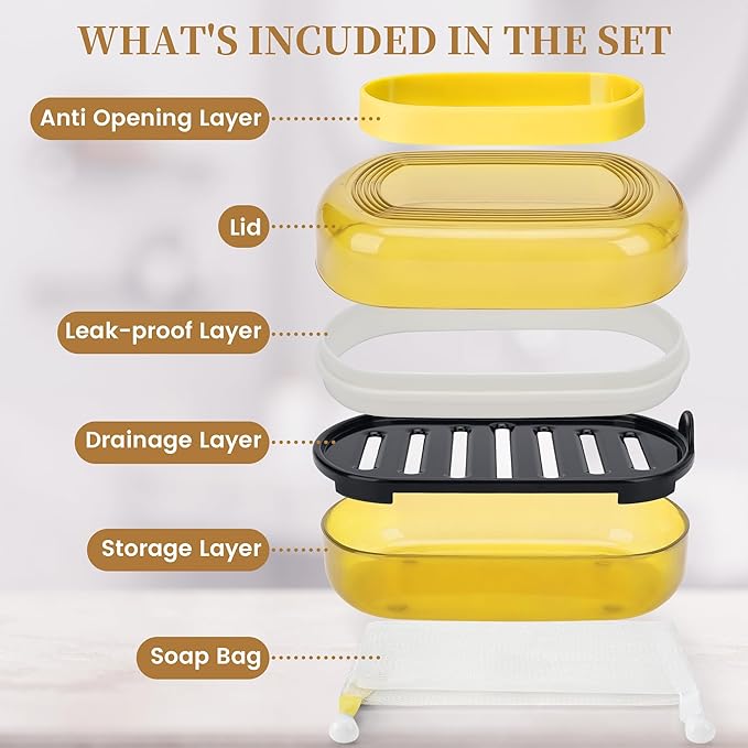 Leakproof Travel Soap Case with Lid | Draining Soap Bar Holder & Dish with Silicone Strap | Includes Mesh Soap Bag | for Shower, Bathroom, Camping, Gym (Lemon Yellow)