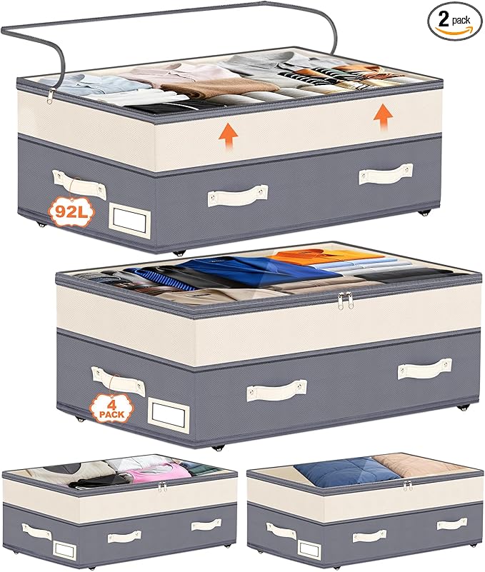 Dolicer 4 Pack Under Bed Storage with Wheels, 6in-10in Height Adjustable Underbed Storage Containers, 92L XXXL Under Bed Drawers Rolling Bin with Clear Lids for Dorm Shoes Clothes Organizer(Dark Grey)