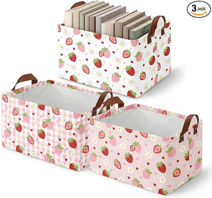 3 Pack Strawberry Storage Baskets for Gifts Strawberry Empty Large Collapsible Toy Storage Bins Box Pink Canvas Baskets Organizer with Handles Cute Nursery Decor Laundry Basket for Shelves Closet