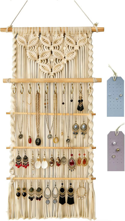 Macrame Jewelry Hanger, Hanging Jewelry Organizer,Boho Earring Holder Wall Mounted Necklace Holder, Tapestry Earrings Display, Bracelet Storage Minimalist Decor Tassel for Women Room (White)
