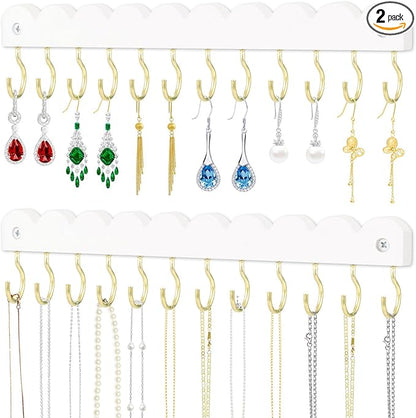 2 Pack Necklace Holder Organizer Wall Mount, Wooden Necklace Hanger Storage Hanging Jewelry Organizer with 12 Hooks for Necklaces, Bracelets, Rings and Bangles Display