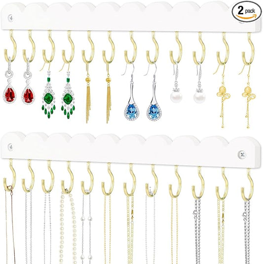2 Pack Necklace Holder Organizer Wall Mount, Wooden Necklace Hanger Storage Hanging Jewelry Organizer with 12 Hooks for Necklaces, Bracelets, Rings and Bangles Display
