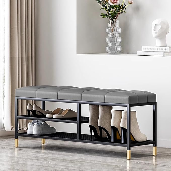 3 Tier Shoe Organizer for Entryway, Shoe Racks with Cushion, Black Metal Frame Hallway Bench for Living Room Bedroom,Gray,60 x 32 x 47 cm