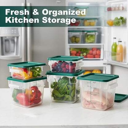 4 Pack 2QT & 4QT Food Storage Containers with Green Lids, Clear Square Restaurant Commercial Food Storage Containers with Handle and Scale, Marinating Container Dough Rising Bucket for Home & Dining