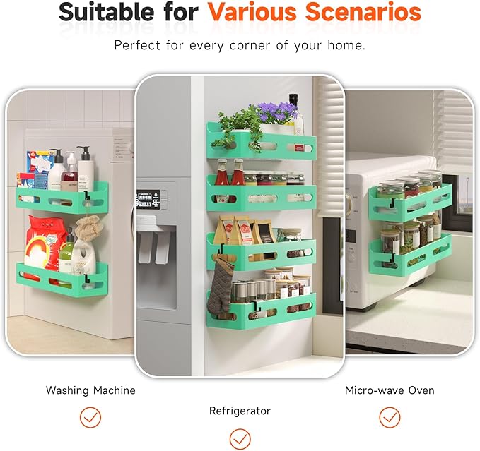 Sevenblue 4 Pack Strong Magnetic Spice Rack for Refrigerator, Multipurpose Magnetic Shelf for Fridge with 4 Hooks for kitchen and Bathroom Organization, Green