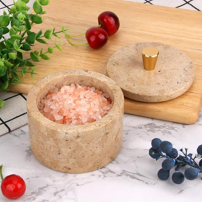 Marble Salt Cellar with Lid, 4 inch Natural Stone Salt Pepper Box, Alloy Lid for Kitchen Countertop Storage (Mud yellow, 4 * 3.5)