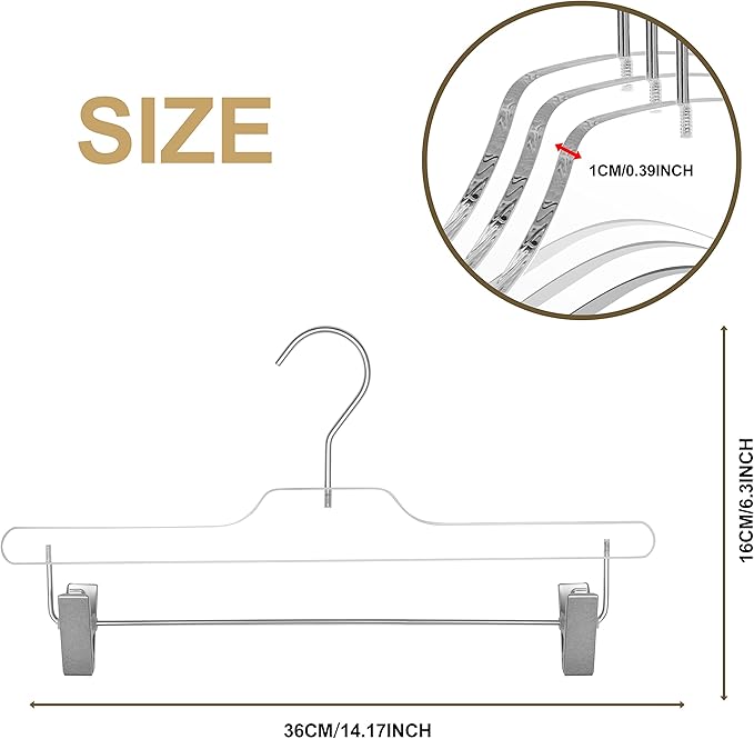 Quality Lucite Acrylic Clear Skirt Pants Hangers 90-Pack, with Adjustable Chrome Metal Clips, Made of Clear Acrylic for a Luxurious Look and Feel with Swivel Hook, Trousers Bottom Hangers