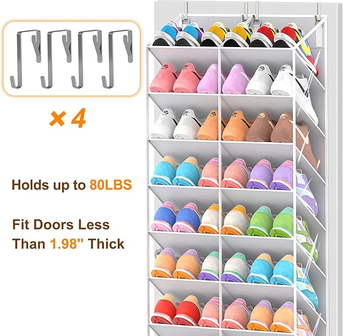 UVIAHOMI 20-30 Pairs Over the Door Shoe Organizer, Clear Pockets Hanging Shoe Storage for Closet, 10-Tier Door Shoes Rack, Handing Shoes Holder Fit All the Family's Sneakers, Boots, Heels, Light Grey