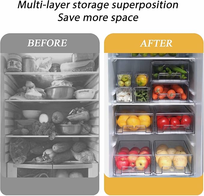 bealy 2 Pack Stackable Clear Drawer Organizer, Large Pull Out Fridge Organizers and Storage Container, Refrigerator Organizers and Storage for Fruit, Produce, Vegetables, Drinks, Snack and Food