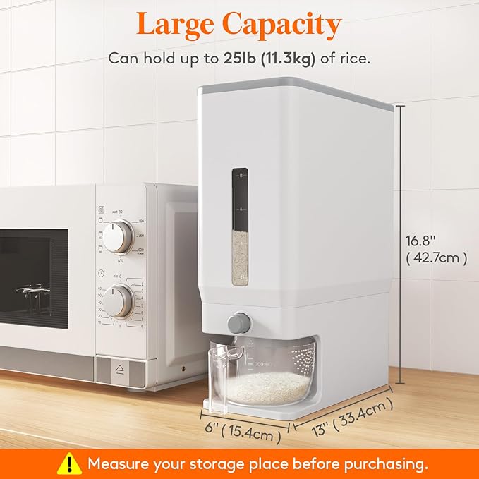 Lifewit 2 Pack Rice Dispenser 25 Lbs(11.3kg), Rice Storage Container Sealed Moisture Proof with Measuring Cup for Kitchen Pantry Household, BPA-Free, White