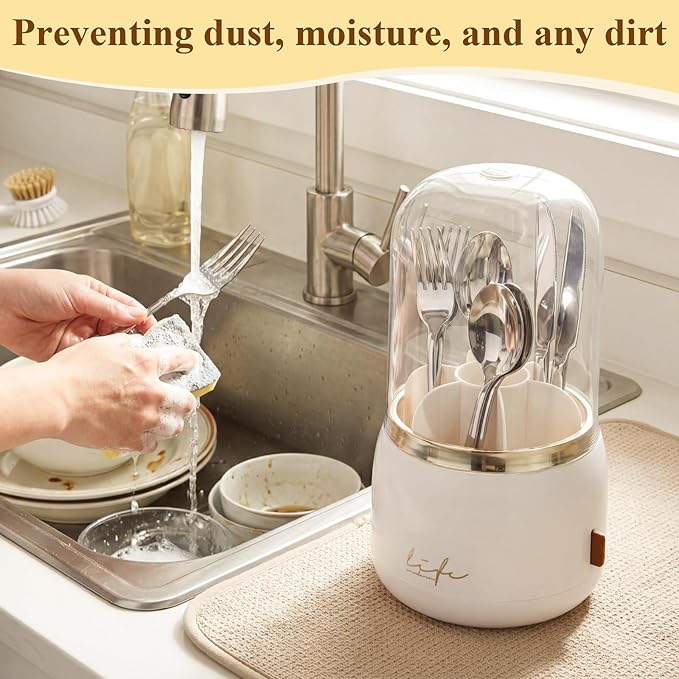 2 Pack 360° Rotating Silverware Organizer, Utensil Holder with Lid for Kitchen Counter, Silverware Caddy with Drainage Dustproof Flatware Holder for Cutlery Spoon Fork Storage, White(7 Slot)