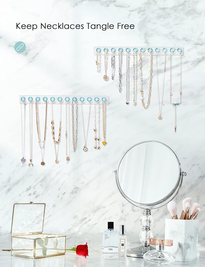 Mymazn Acrylic Necklaces Holder Wall Mounted Necklace Hangers Hanging Jewelry Organizer with 12 Hooks, Clear Jewelry Hangers for Necklace Organizer for Women, Necklace Hooks for Wall, Closet