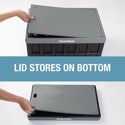 CleverMade Collapsible Storage Bins with Lids, 62L – Heavy Duty Foldable Plastic Storage Crates for Garage, Closet & Trunk Organization - Stone