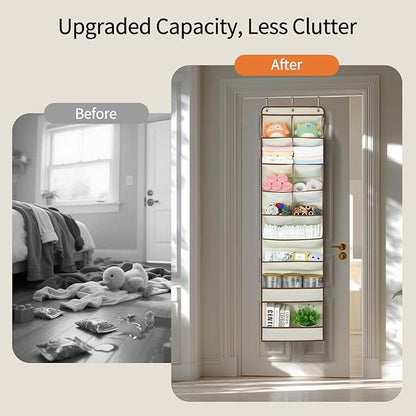 Yecaye Over the Door Shoe Organizer Hanging with Large Pockets, 8 Tier Back of Door Storage for Nursery, Closet and Bathroom, Partition Behind Door Organizers Shelf with Baby Clothes(1 Pack, Beige)