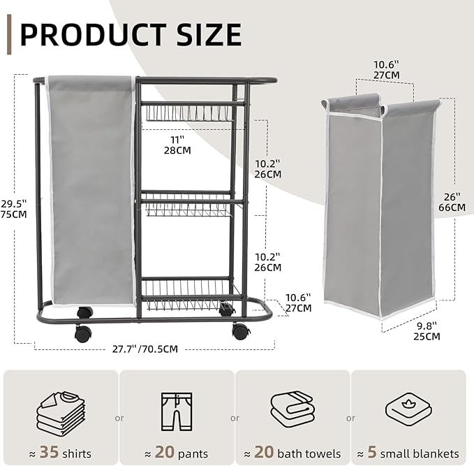 Rolling Laundry Sorter with 3 Storage Baskets and 45 L Bag, 3-Tier Laundry Caddy Between Washer and Dryer,Laundry Room Organization with Wheels and Handle for Narrow Space Bathroom Apartment Dorm