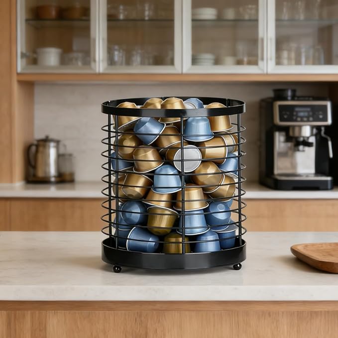 Coffee Pod Holder, Large Capacity K Cup Holder for Kitchen Countertop, Black Modern Basket Coffee Bar Station Espresso Pods Capsules Organizer