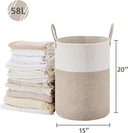 VIPOSCO Large Laundry Hamper, Tall Woven Rope Storage Basket for Blanket, Toys, Dirty Clothes in Living Room, Bathroom, Bedroom - 58L White & Brown