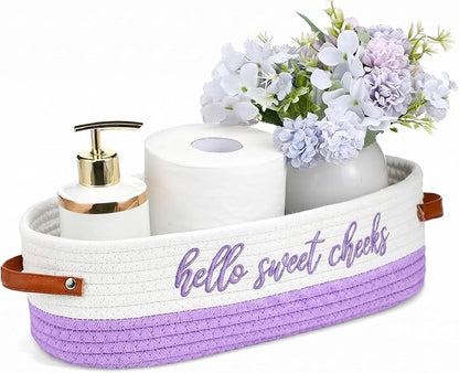 Hello Sweet Cheeks Bathroom Decoration Purple and White Cotton Rope Toilet Basket Toilet Paper Holder Basket Rustic Bathroom Organizer Farmhouse Home Decoration Organizing Small Baskets