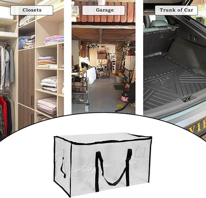 4-Packs Extra Large Heavy Duty Moving Bags, Waterproof Storage Totes with Handles & Zippers Storage Bags Totes for Clothes Packing, Dorms, College Supplies, Space Saving, Clear