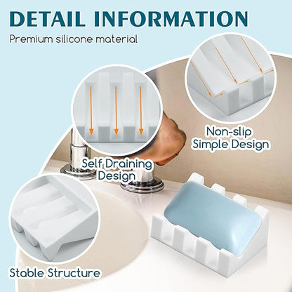 Self Draining Silicone Soap Dish with Suction Cups - Non-Slip Bar Soap Holder for Shower & Kitchen, Waterfall Tray Keeps Soap Dry, Easy Clean, Extends Soap Life (White, 1 Pack)