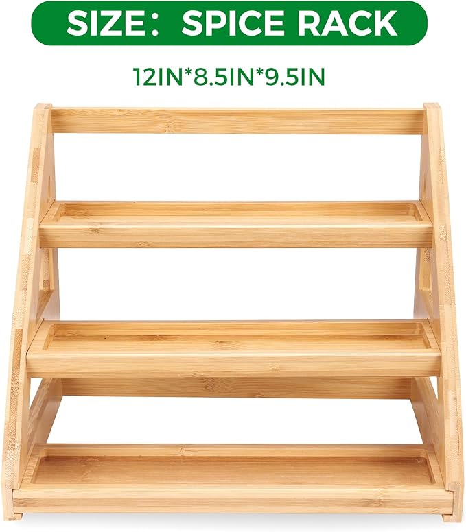 Spice Rack, Spice Organizer -3 Tier Bamboo Spice Racks, Solution for Spice Storage in Kitchens, Countertops，Storage Rooms and Other Places