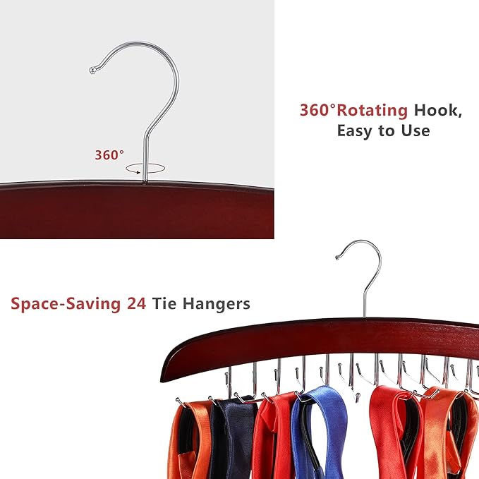 Jetec 2 Pieces Tie Rack Tie Hanger 24 Hooks Wooden Tie Rack Hanger for Closet 360 Degree Rotating Belt Holder Tie Organizer for Men Women Bras Tank Tops Camisoles(Coffee)