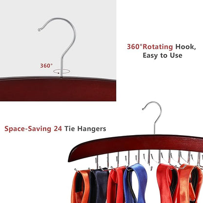 Jetec 2 Pieces Tie Rack Tie Hanger 24 Hooks Wooden Tie Rack Hanger for Closet 360 Degree Rotating Belt Holder Tie Organizer for Men Women Bras Tank Tops Camisoles(Coffee)