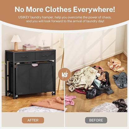 Laundry Sorter 3 Section with Tabletop & 2 Drawers, Rolling Laundry Hamper with Pull-Out and Removable Bags, Laundry Basket Organizer with Wheels and Shelf, Metal Frame Rustic Brown for Laundry Room