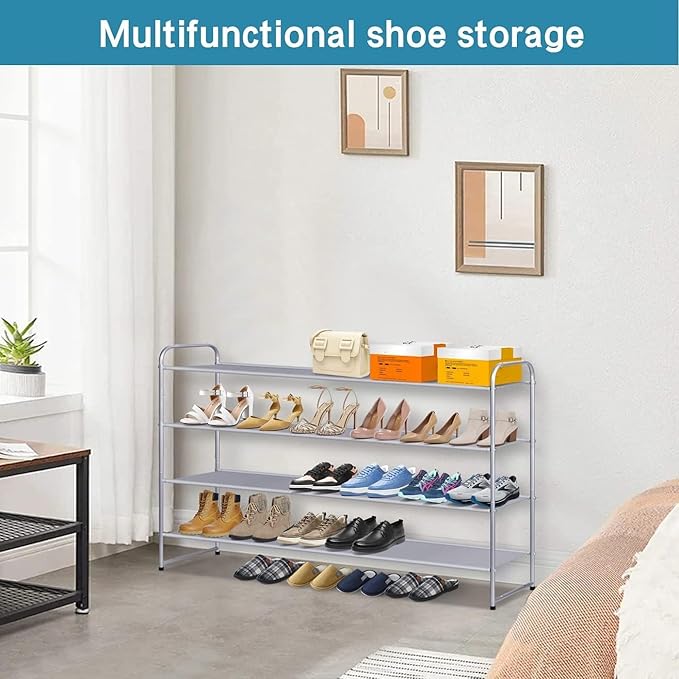 KIMBORA Long Shoe Rack for Closet, 30 Pairs Stackable Shoe Storage Organizer Wide 4 Tier Sneaker Shelf for Bedroom Floor (Grey)