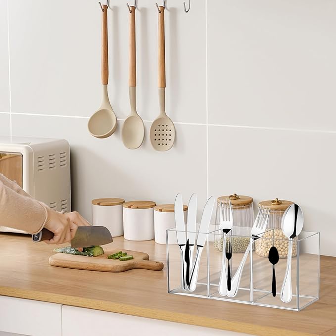 Acrylic Cutlery Storage Organizer Bin Clear Acrylic Silverware Caddy Utensil Holder 3 Compartment Cutlery Caddy Plastic Tableware Silverware Holder for Countertop Kitchen Party Buffet Picnic