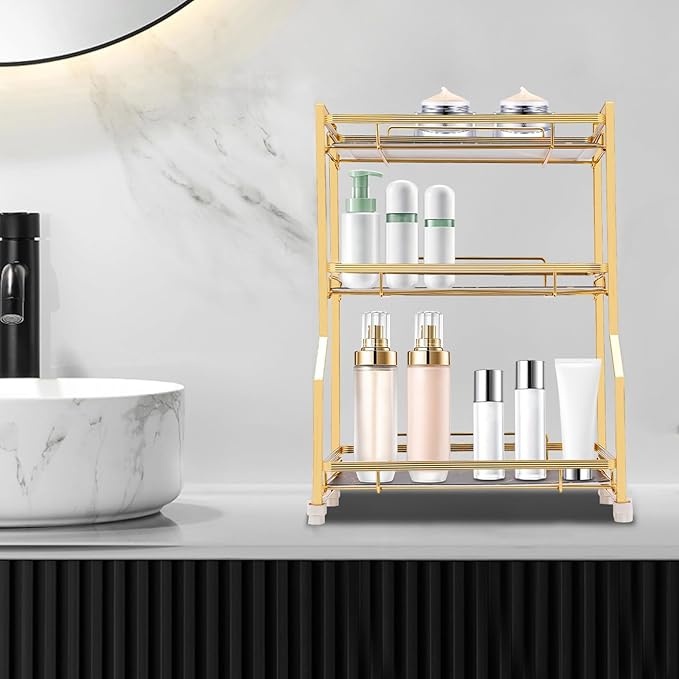 3 Tier Bathroom Countertop Organizer, Gold Bathroom Vanity Counter Organizer with Small Storage Basket for Skincare Makeup Perfume (Black)